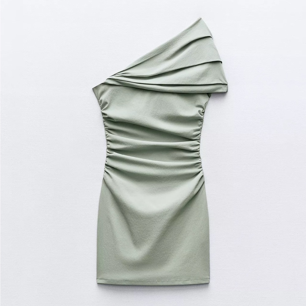 Zara Asymmetric Exposed Shoulder Mini Dress in Sage Green